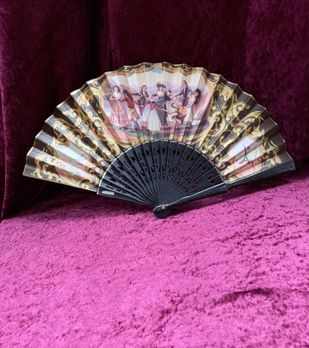 Vintage Mid Century Painted Wood Folding Fan Double-Sided European Court Scenes